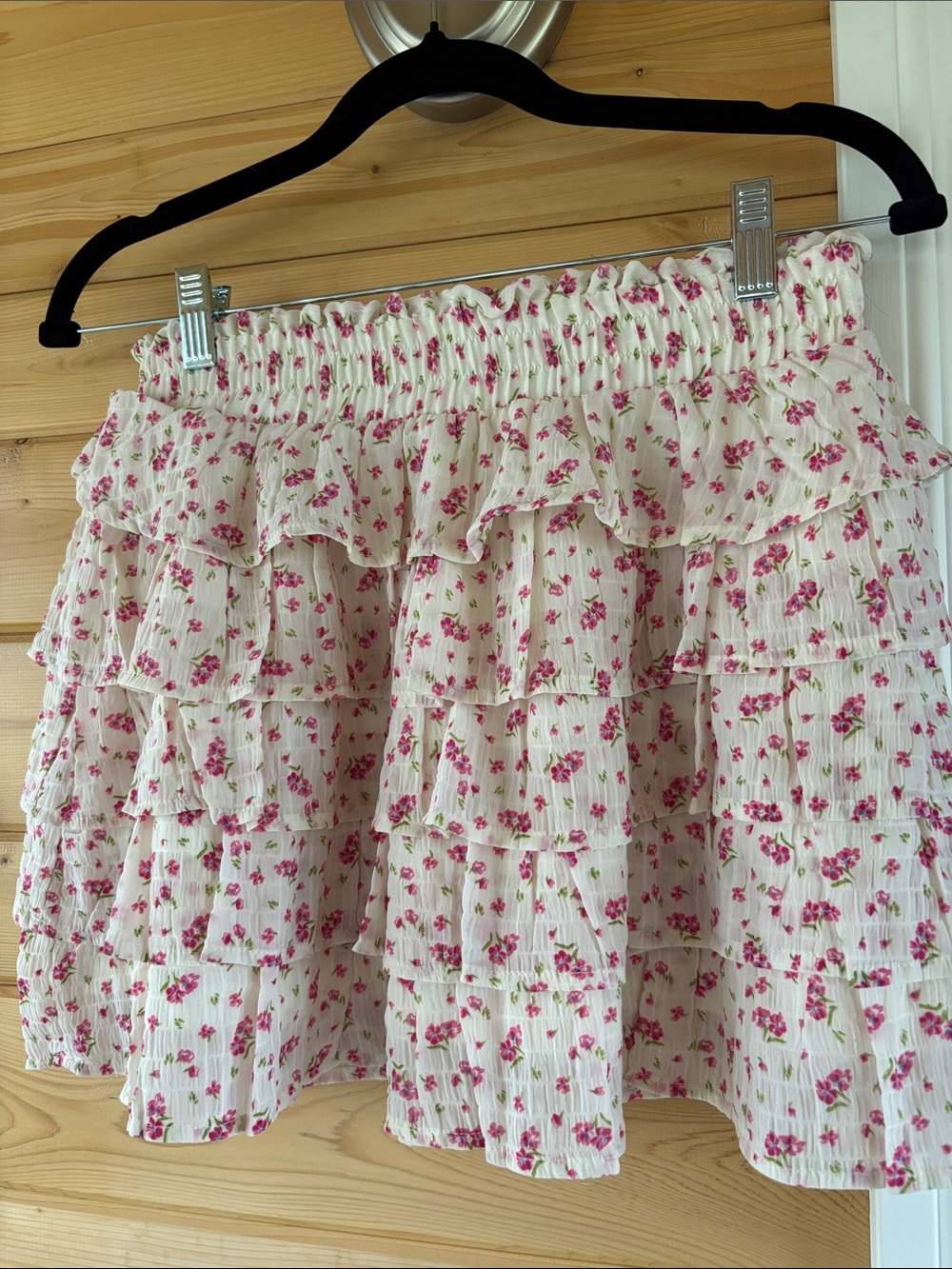 Altar'd State Cream Tiered Ruffle Mini Skirt with Pink Floral Print